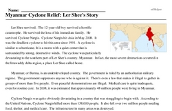 Print <i>Myanmar Cyclone Relief: Ler Shee's Story</i> reading comprehension.