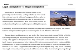 Print <i>Legal Immigration vs. Illegal Immigration</i> reading comprehension.