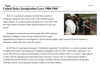Print <i>United States Immigration Laws 1900-1960</i> reading comprehension.