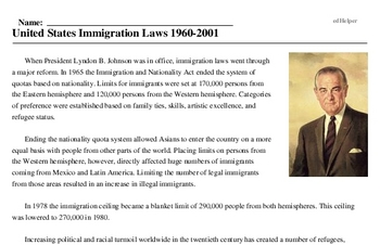 Print <i>United States Immigration Laws 1960-2001</i> reading comprehension.