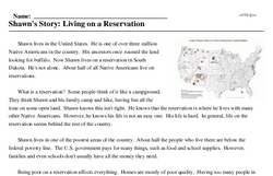 Print <i>Shawn's Story: Living on a Reservation</i> reading comprehension.