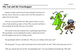 Print <i>The Ant and the Grasshopper</i> reading comprehension.