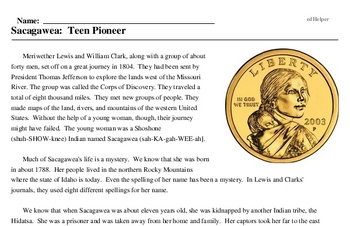 Print <i>Sacagawea: Teen Pioneer</i> reading comprehension.