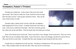 Print <i>Tornadoes, Nature's Twisters</i> reading comprehension.