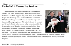 Print <i>Pardon Me! A Thanksgiving Tradition</i> reading comprehension.