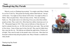 Print <i>Thanksgiving Day Parade</i> reading comprehension.
