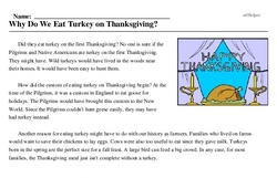 Print <i>Why Do We Eat Turkey on Thanksgiving?</i> reading comprehension.