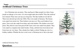 Print <i>Artificial Christmas Trees</i> reading comprehension.