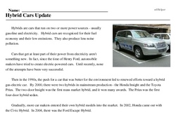 Print <i>Hybrid Cars Update</i> reading comprehension.