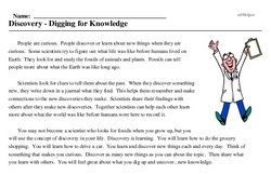 Print <i>Discovery - Digging for Knowledge</i> reading comprehension.