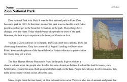 Print <i>Zion National Park</i> reading comprehension.