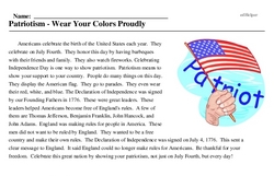Print <i>Patriotism - Wear Your Colors Proudly</i> reading comprehension.