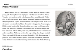 Print <i>Phillis Wheatley</i> reading comprehension.