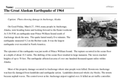 Print <i>The Great Alaskan Earthquake of 1964</i> reading comprehension.