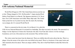 Print <i>USS<i> Arizona</i> National Memorial</i> reading comprehension.