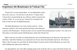 Print <i>Experience the Renaissance in Vatican City</i> reading comprehension.