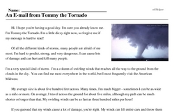 Print <i>An E-mail from Tommy the Tornado</i> reading comprehension.