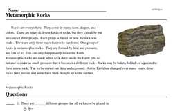 Print <i>Metamorphic Rocks</i> reading comprehension.