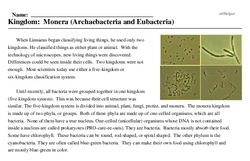 Print <i>Kingdom: Monera (Archaebacteria and Eubacteria)</i> reading comprehension.