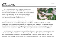 Print <i>The Secret of Silk</i> reading comprehension.