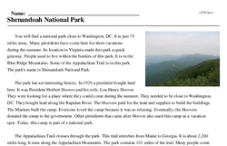 Print <i>Shenandoah National Park</i> reading comprehension.
