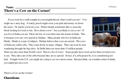 Print <i>There's a Cow on the Corner!</i> reading comprehension.