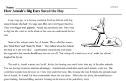 Print <i>How Annah's Big Ears Saved the Day</i> reading comprehension.