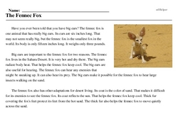 Print <i>The Fennec Fox</i> reading comprehension.