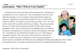 Print <i>Generations - Who's Who in Your Family?</i> reading comprehension.