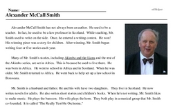 Print <i>Alexander McCall Smith</i> reading comprehension.