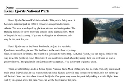 Print <i>Kenai Fjords National Park</i> reading comprehension.