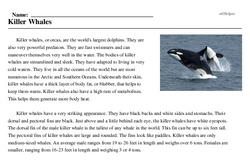Print <i>Killer Whales</i> reading comprehension.