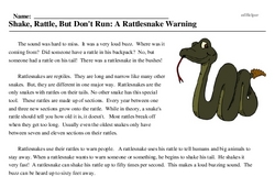 Print <i>Shake, Rattle, But Don't Run: A Rattlesnake Warning</i> reading comprehension.