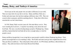 Print <i>Danny, Betsy, and Turkeys 4 America</i> reading comprehension.