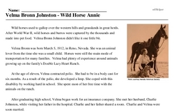 Print <i>Velma Bronn Johnston - Wild Horse Annie</i> reading comprehension.