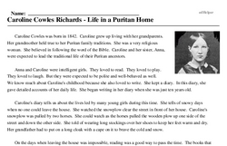 Print <i>Caroline Cowles Richards - Life in a Puritan Home</i> reading comprehension.