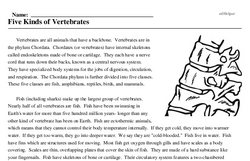 Print <i>Five Kinds of Vertebrates</i> reading comprehension.