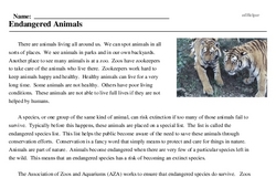 Print <i>Endangered Animals</i> reading comprehension.