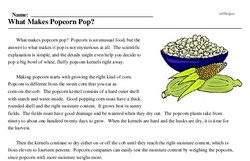 Print <i>What Makes Popcorn Pop?</i> reading comprehension.