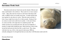 Print <i>Hawaiian Monk Seals</i> reading comprehension.