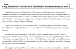Print <i>Greg Mortenson: International Peacemaker and Humanitarian, Part 1</i> reading comprehension.