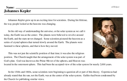 Print <i>Johannes Kepler</i> reading comprehension.