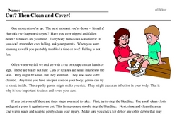 Print <i>Cut? Then Clean and Cover!</i> reading comprehension.