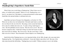 Print <i>Thanksgiving's Superhero: Sarah Hale</i> reading comprehension.