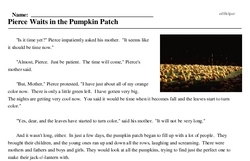 Print <i>Pierce Waits in the Pumpkin Patch</i> reading comprehension.