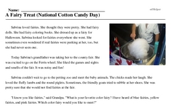 Print <i>A Fairy Treat (National Cotton Candy Day)</i> reading comprehension.