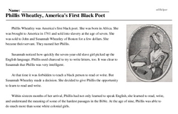 Print <i>Phillis Wheatley, America's First Black Poet</i> reading comprehension.