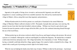 Print <i>Ingenuity: A Windmill for a Village</i> reading comprehension.