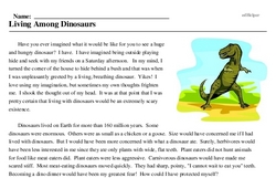 Print <i>Living Among Dinosaurs</i> reading comprehension.