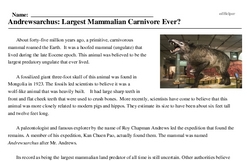 Print <i><i>Andrewsarchus</i>: Largest Mammalian Carnivore Ever?</i> reading comprehension.
